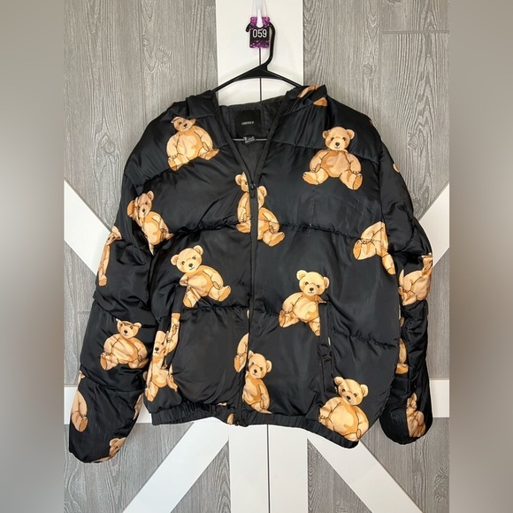 278. Forever 21 Teddy Bear Print Puffer Jacket Black Printed Small - Picture 1 of 8